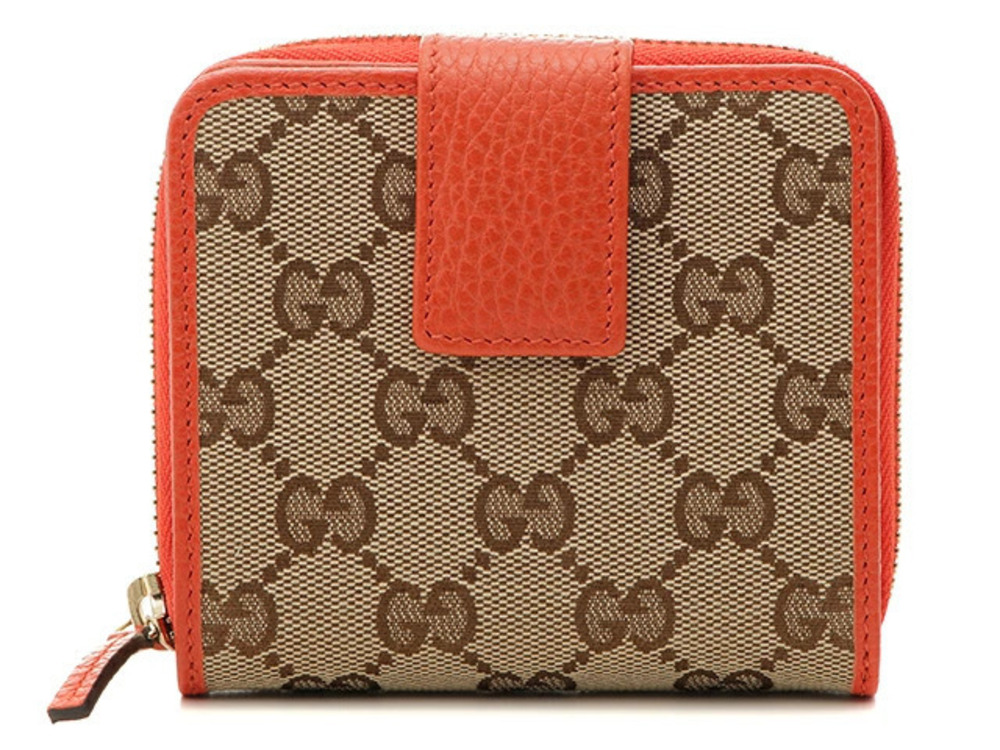 Gucci Round Zipper Wallet Bi fold GG Canvas Leather Beige Cream Orange